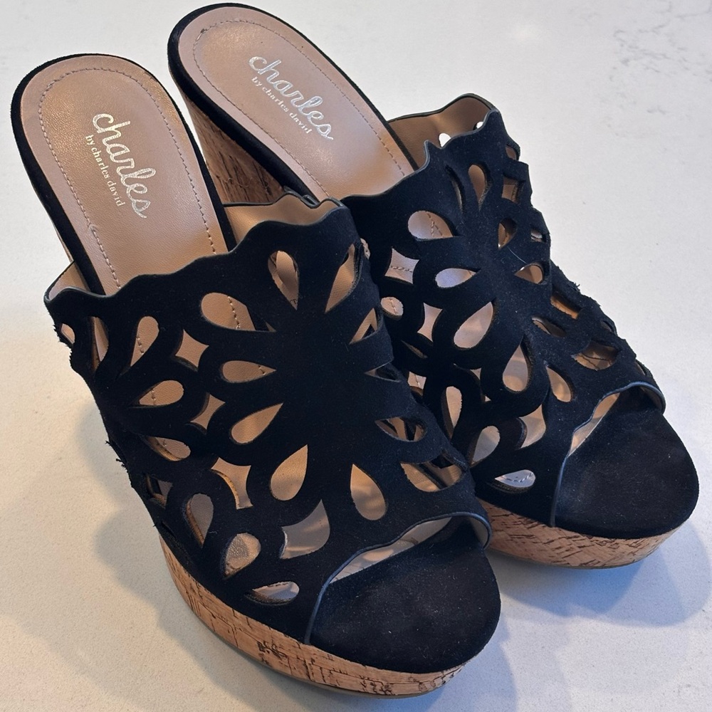Charles David Cutout Black Wedge Sandals Size 8